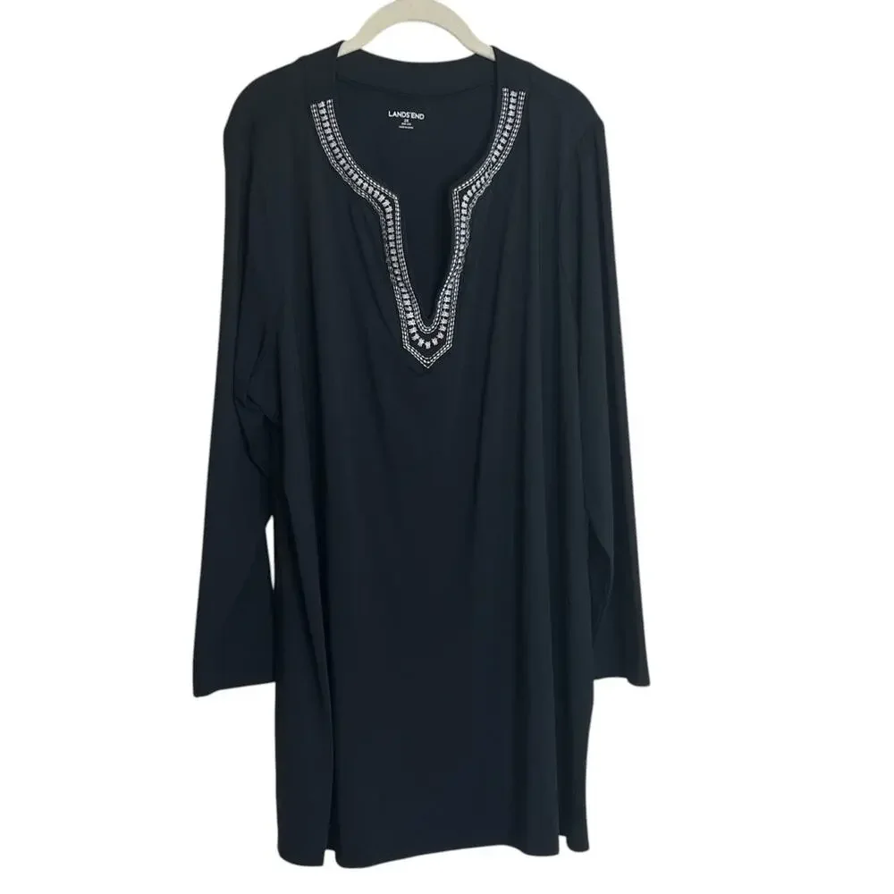Lands End Womens Swim Cover Up Tunic Embroidered Long Sleeve 2X Black